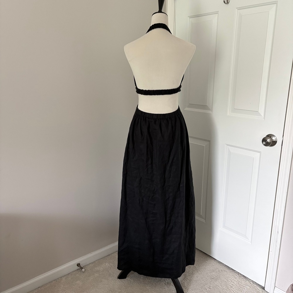 Banana Republic Lisa Midi Dress 100% Linen Small Black Halter Cutout Twist Front - Picture 5 of 15